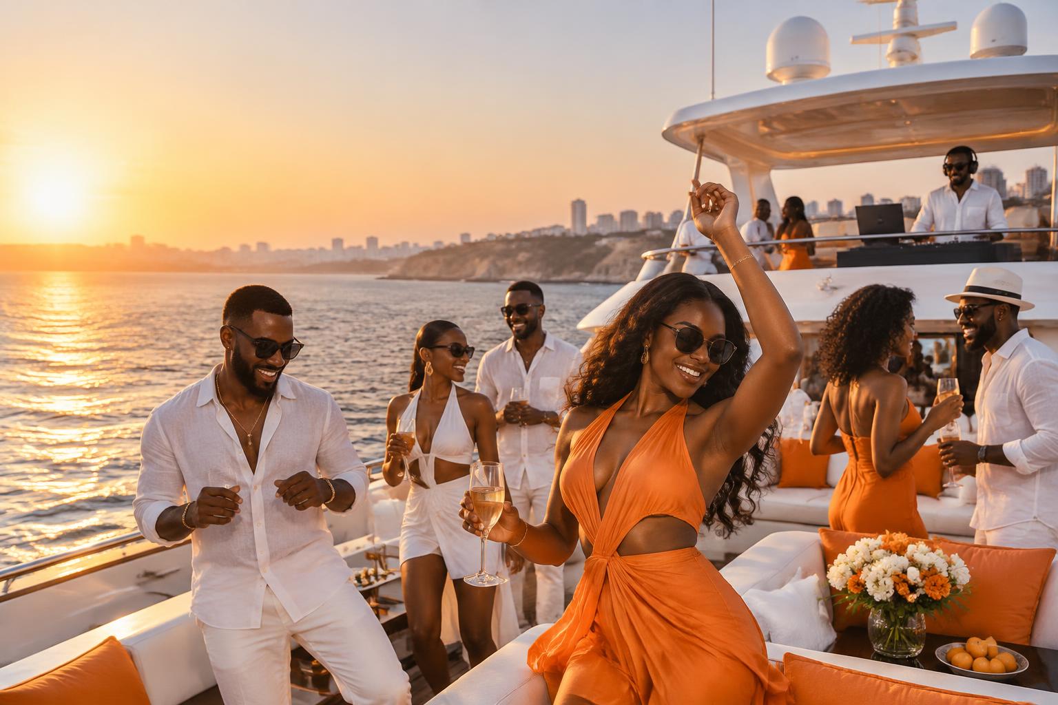 Guests celebrating aboard a luxury yacht at sunset